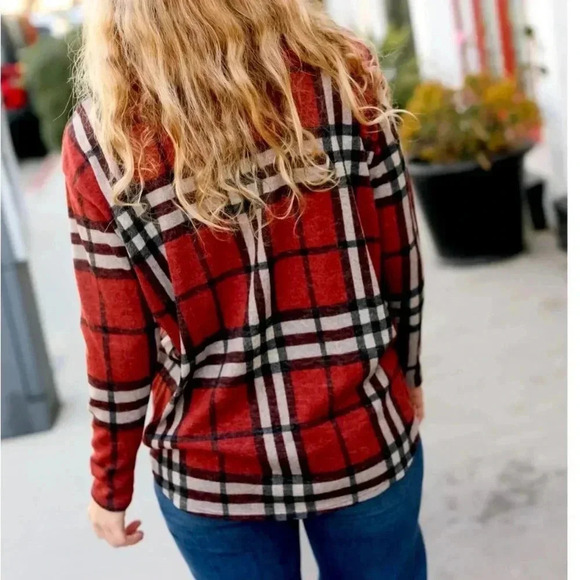 FIRST LOVE Autumn Rust Plaid Knit Long Sleeve Oversized Light Sweater Top - Picture 9 of 10